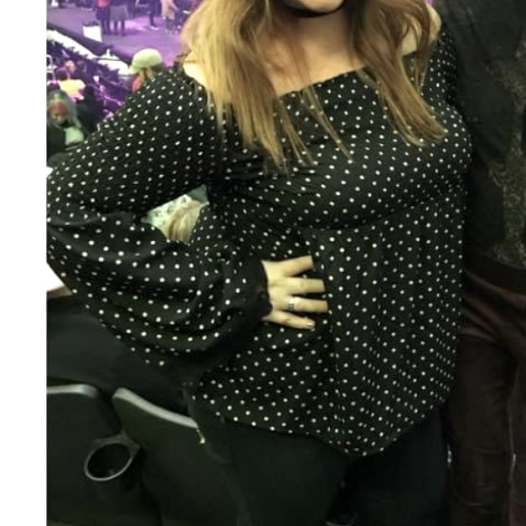 ModCloth size Large black and white polka dot shirt with smocking & bell sleeves - Picture 3 of 6